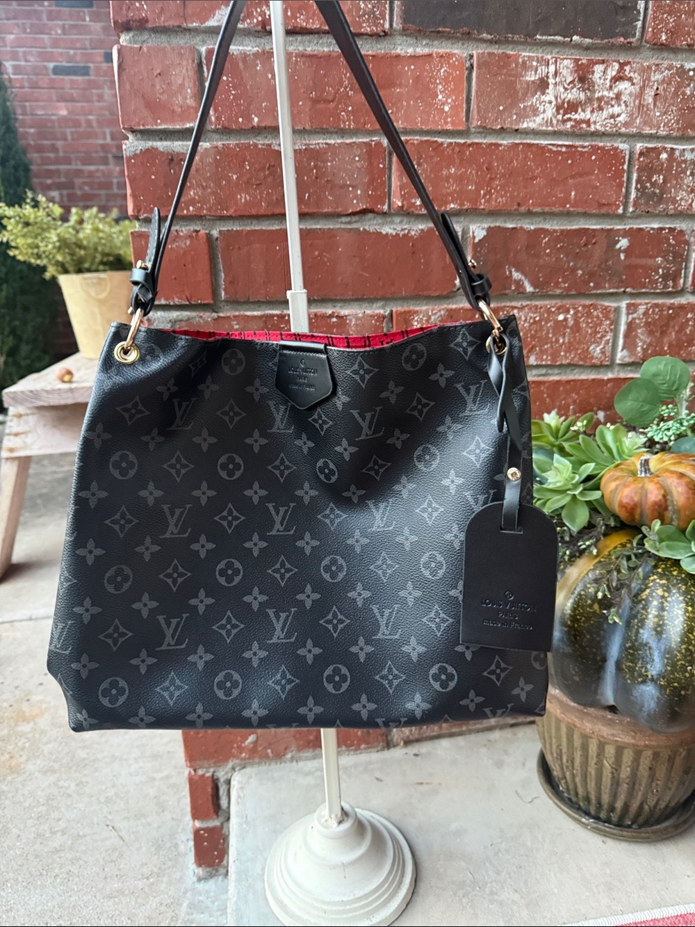 Black Monogram Shoulder Bag with Red Interior Trim
